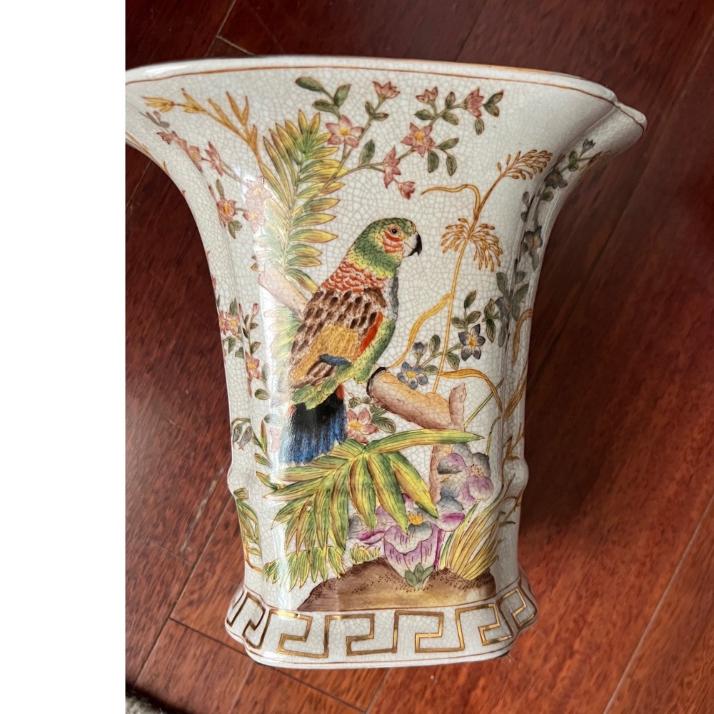 Wong Lee Crackle Glaze Parrot Vase Floral Chinoiserie Cache Pot 8.5 Rare Find